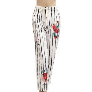 Anthropologie striped Floral Printed Trouser Pants Straight Leg Cotton M 283613